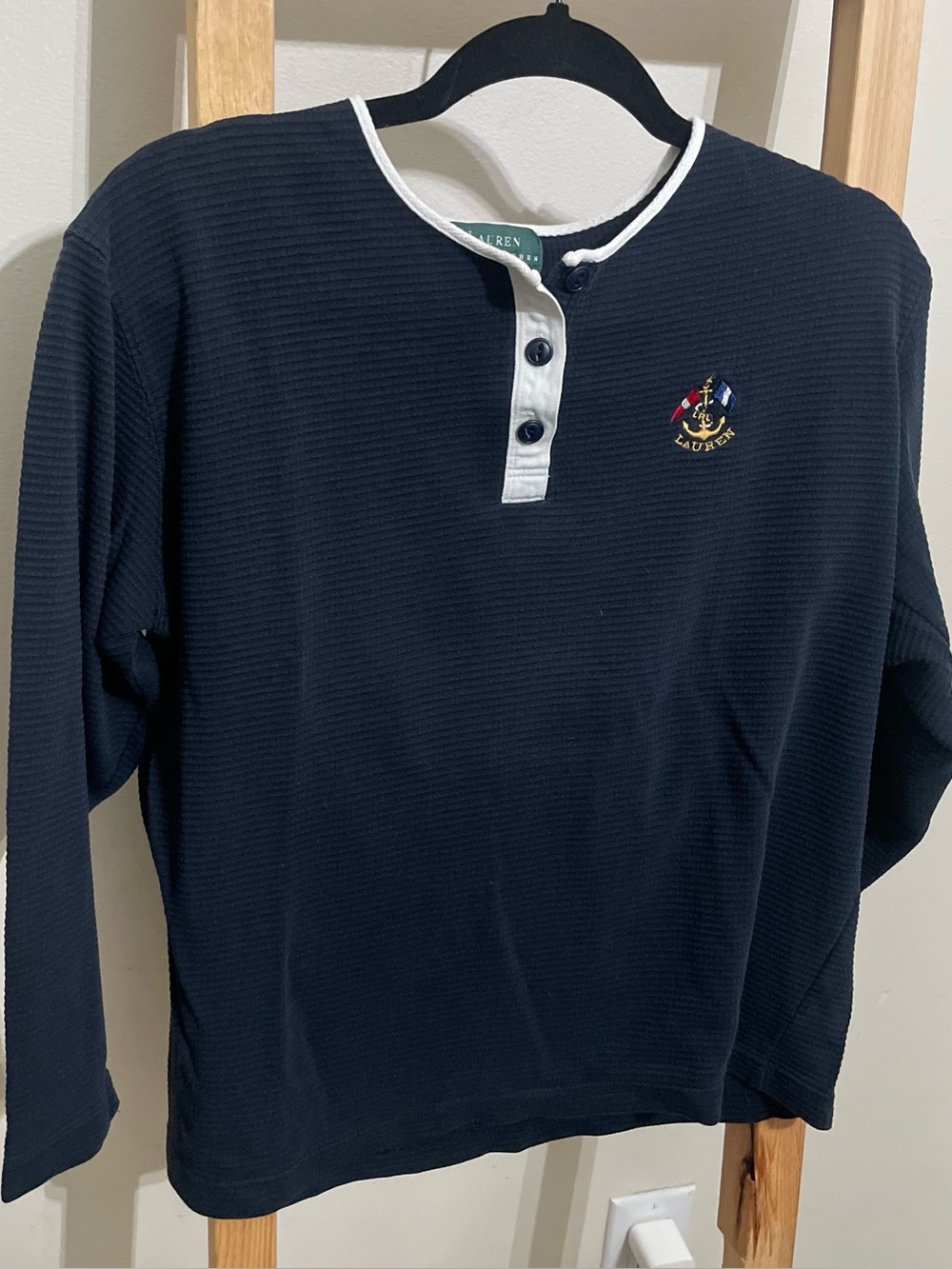 Ralph Lauren Navy Long Sleeve Henley with White Placket and Crest